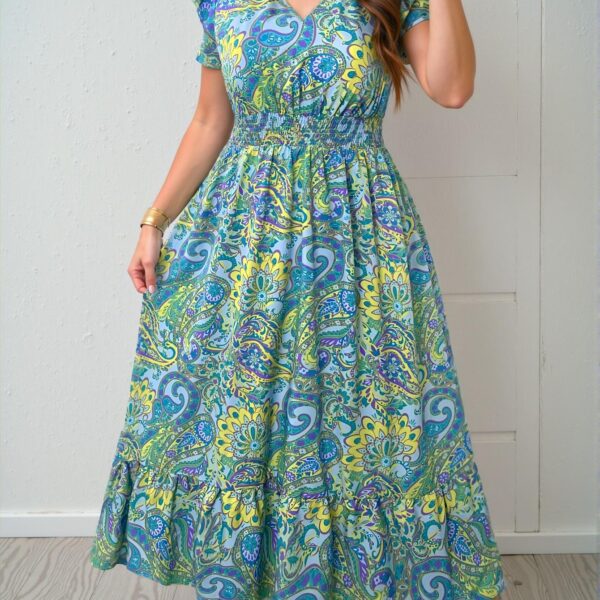 Elegant Mint Blue Flounce Sleeve Long Paisley Print A-Line Sundress for Relaxed Vacation Vibes – Chic, Classy and Trendy Fashion Style to Dress to Impress