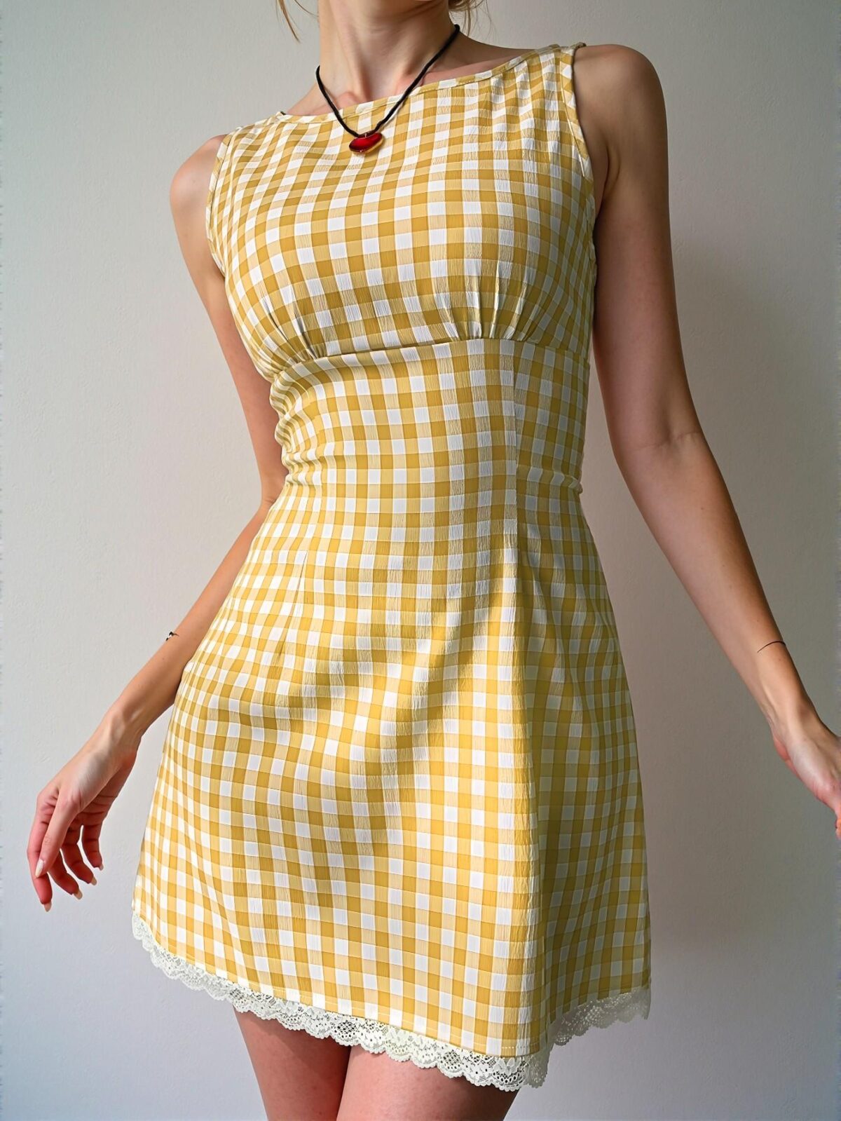 Elegant Butter Yellow Fitted Mini Dress with Plaid and Lace Details for Spring and Summer - Chic, Classy and Trendy Fashion Style to Dress to Impress - Image 4