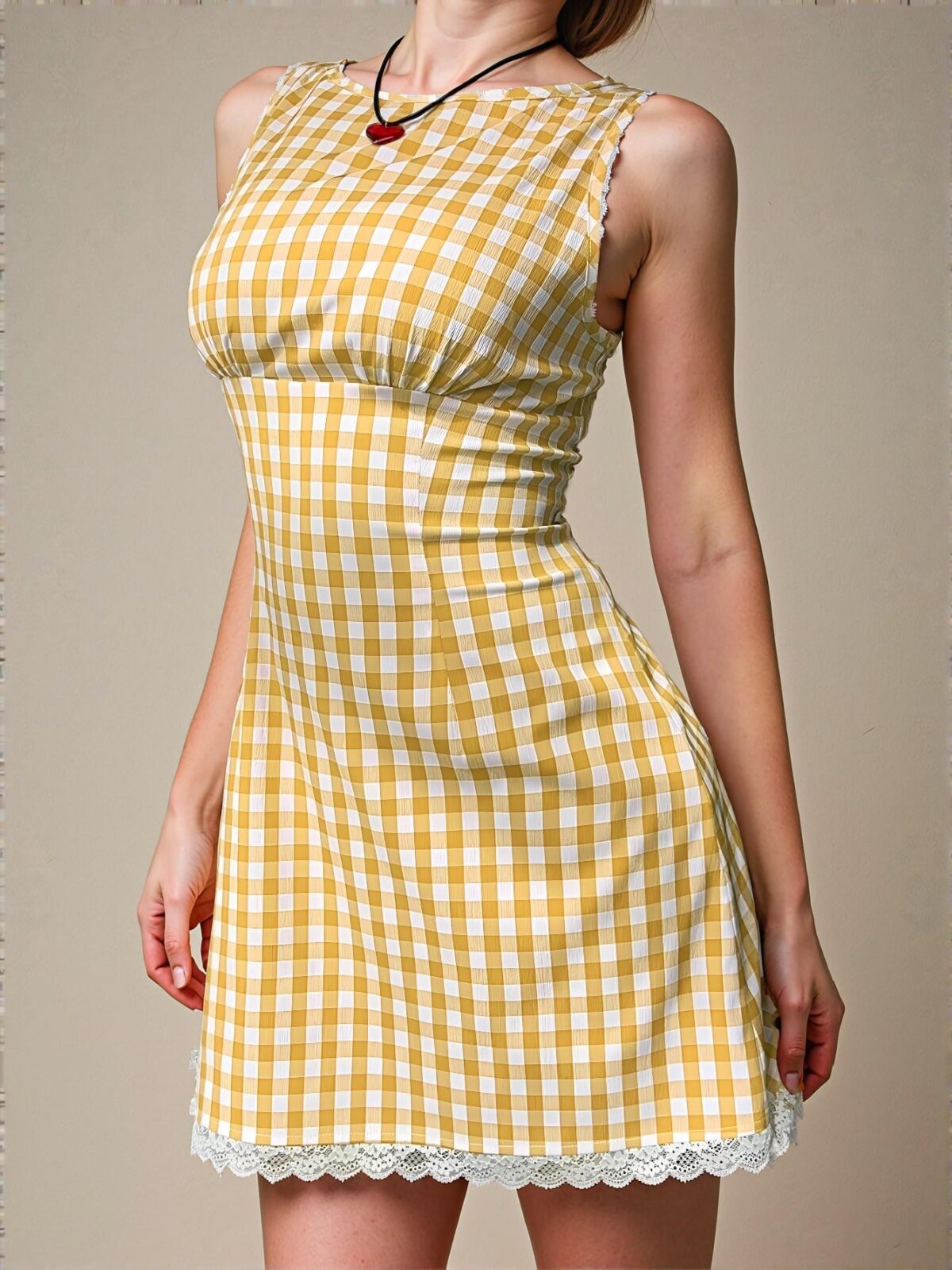 Elegant Butter Yellow Fitted Mini Dress with Plaid and Lace Details for Spring and Summer - Chic, Classy and Trendy Fashion Style to Dress to Impress - Image 5