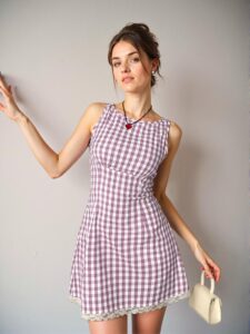 Elegant Mauve Purple Flared Plaid Print Bodycon Mini Dress with Contrast Lace Detail for Women – Chic, Classy and Trendy Fashion Style to Dress to Impress