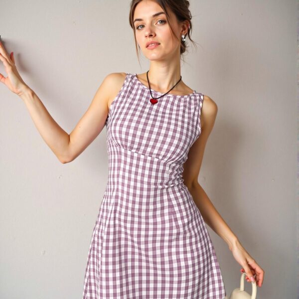 Elegant Mauve Purple Flared Plaid Print Bodycon Mini Dress with Contrast Lace Detail for Women – Chic, Classy and Trendy Fashion Style to Dress to Impress