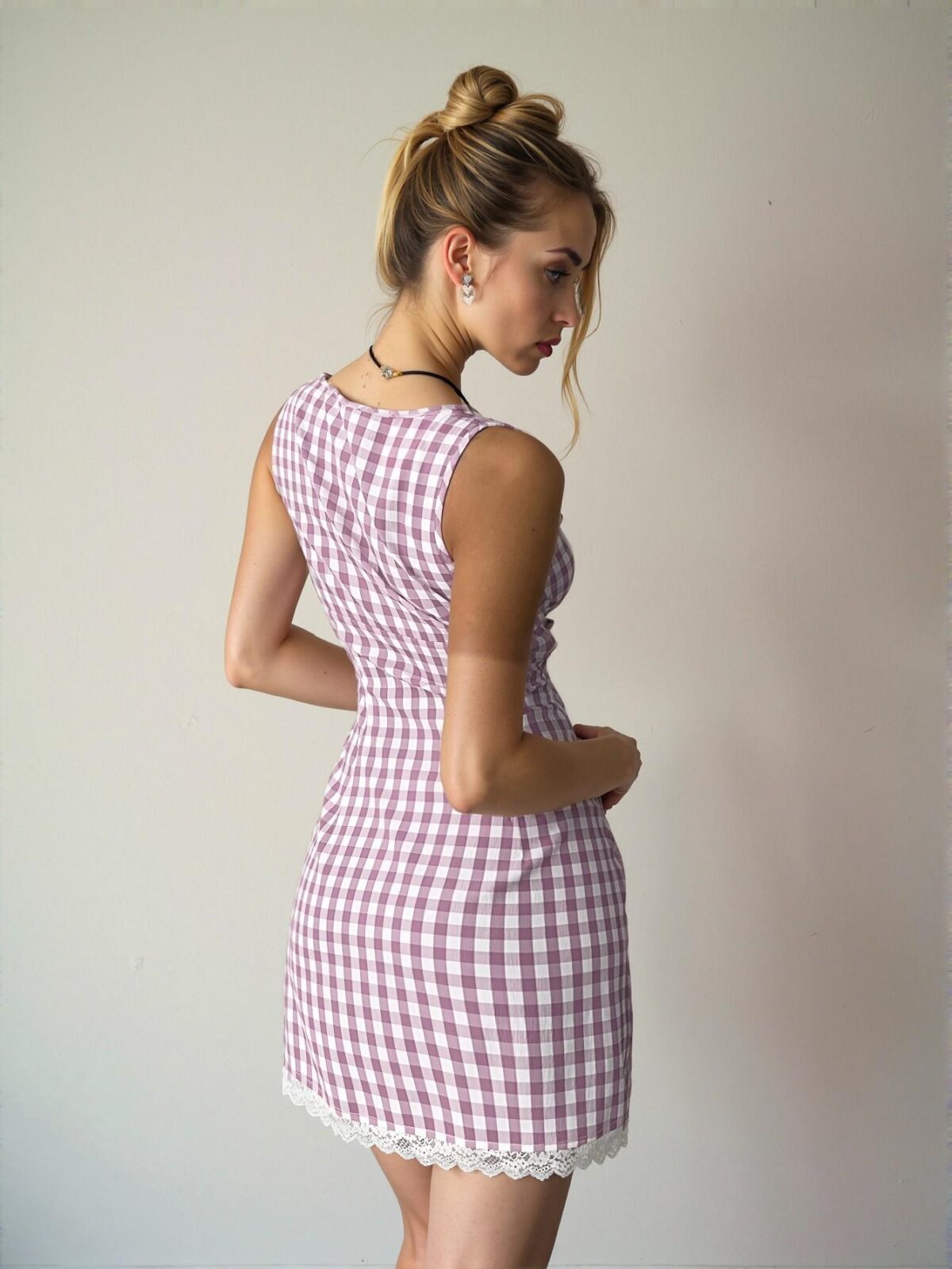 Elegant Mauve Purple Flared Plaid Print Bodycon Mini Dress with Contrast Lace Detail for Women – Chic, Classy and Trendy Fashion Style to Dress to Impress - Image 2