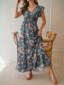 Elegant Teal Blue Flowy Maxi Dress with Paisley Print for Vacation and Casual Outings - Chic, Classy and Trendy Fashion Style to Dress to Impress