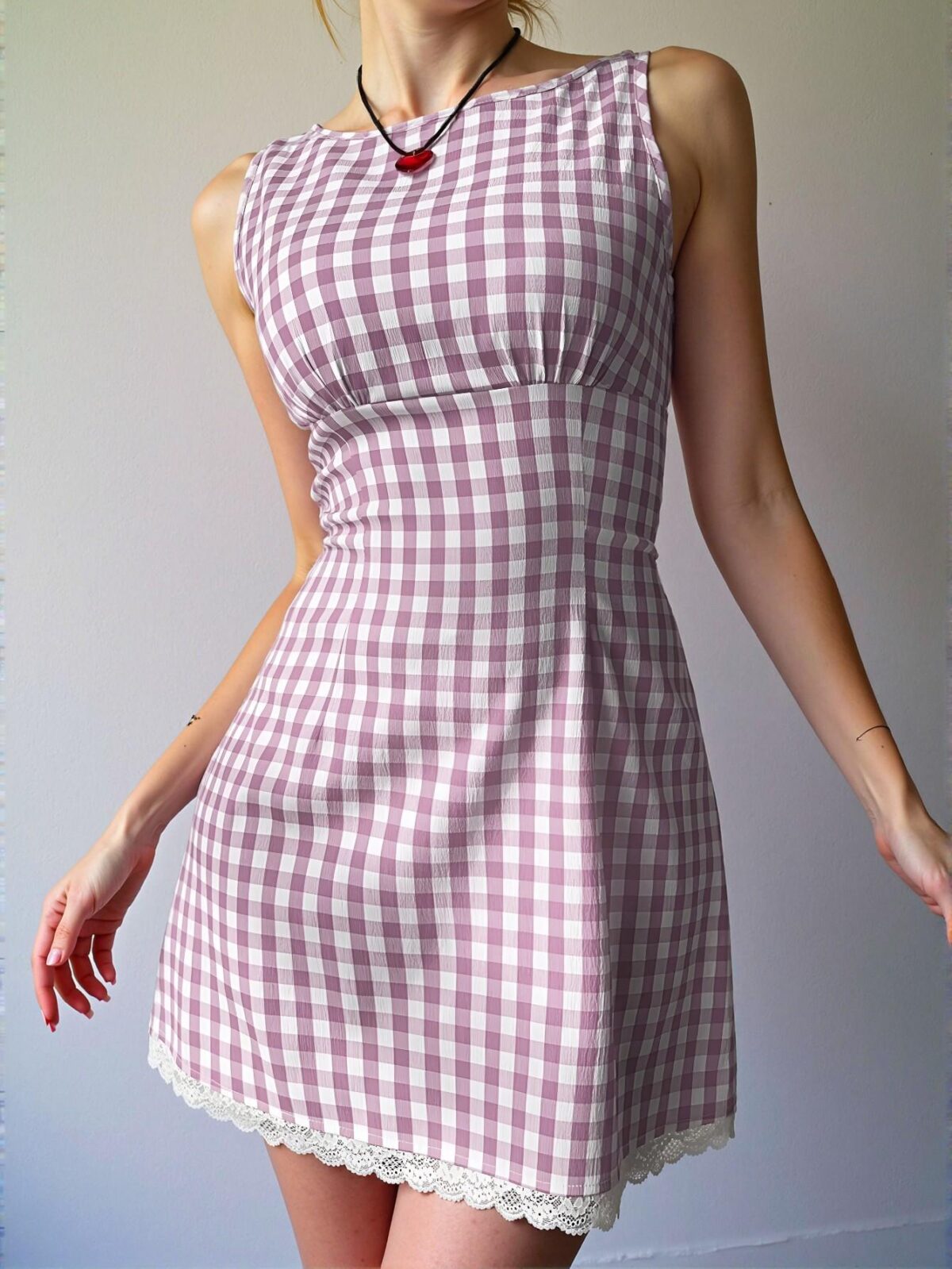 Elegant Mauve Purple Flared Plaid Print Bodycon Mini Dress with Contrast Lace Detail for Women – Chic, Classy and Trendy Fashion Style to Dress to Impress - Image 4