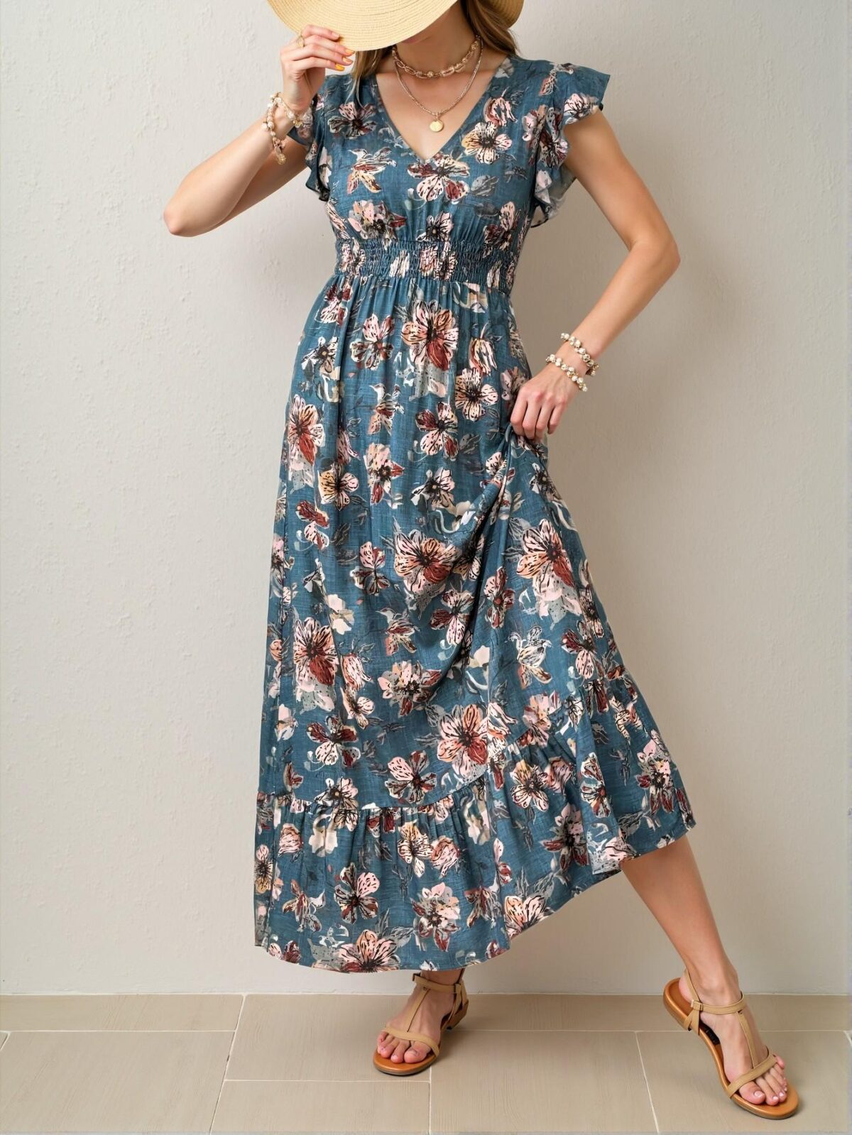Elegant Teal Blue Flowy Maxi Dress with Paisley Print for Vacation and Casual Outings - Chic, Classy and Trendy Fashion Style to Dress to Impress - Image 3