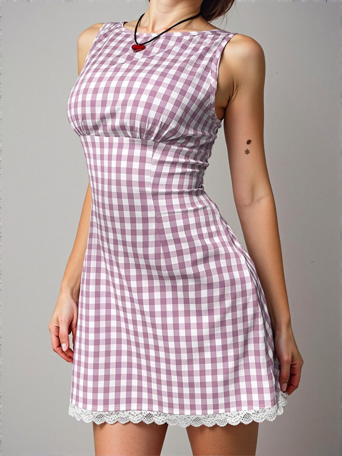 Elegant Mauve Purple Flared Plaid Print Bodycon Mini Dress with Contrast Lace Detail for Women – Chic, Classy and Trendy Fashion Style to Dress to Impress - Image 5
