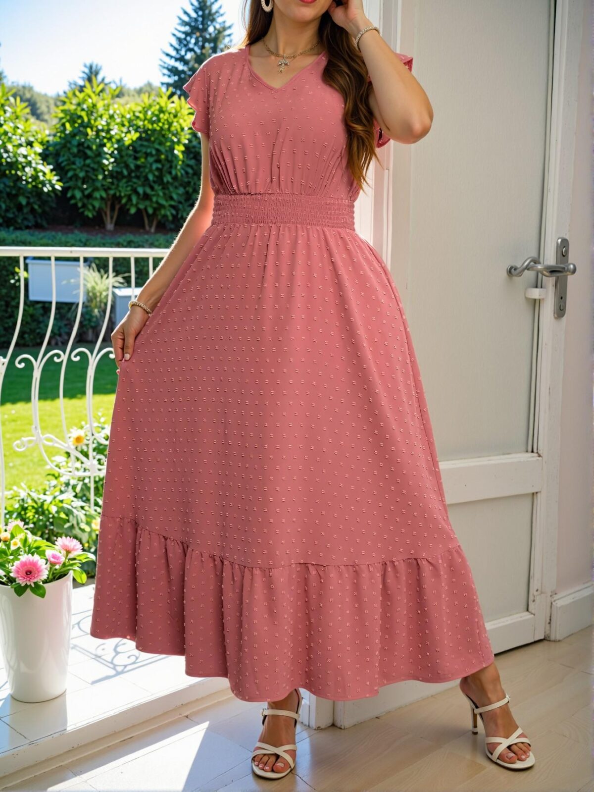 Elegant Watermelon Pink Flowy Ruffle Hem Dress with Shirred Detail Perfect for Casual Outings, Summer Festivals, and Beach Vacations, Ideal for Trendy Brunches and Classy Occasions - Chic, Classy and Trendy Fashion Style to Dress to Impress