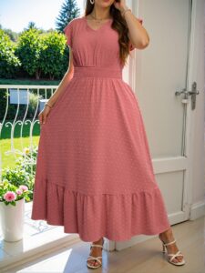 Elegant Watermelon Pink Flowy Ruffle Hem Dress with Shirred Detail Perfect for Casual Outings, Summer Festivals, and Beach Vacations, Ideal for Trendy Brunches and Classy Occasions - Chic, Classy and Trendy Fashion Style to Dress to Impress