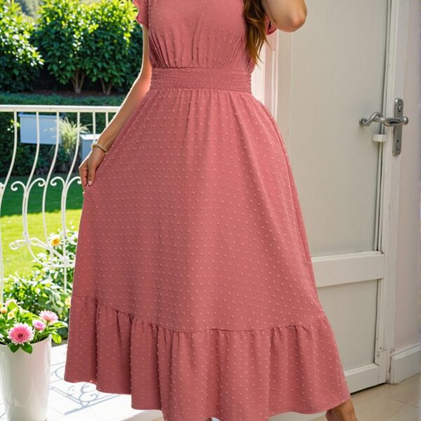 Elegant Watermelon Pink Flowy Ruffle Hem Dress with Shirred Detail Perfect for Casual Outings, Summer Festivals, and Beach Vacations, Ideal for Trendy Brunches and Classy Occasions - Chic, Classy and Trendy Fashion Style to Dress to Impress
