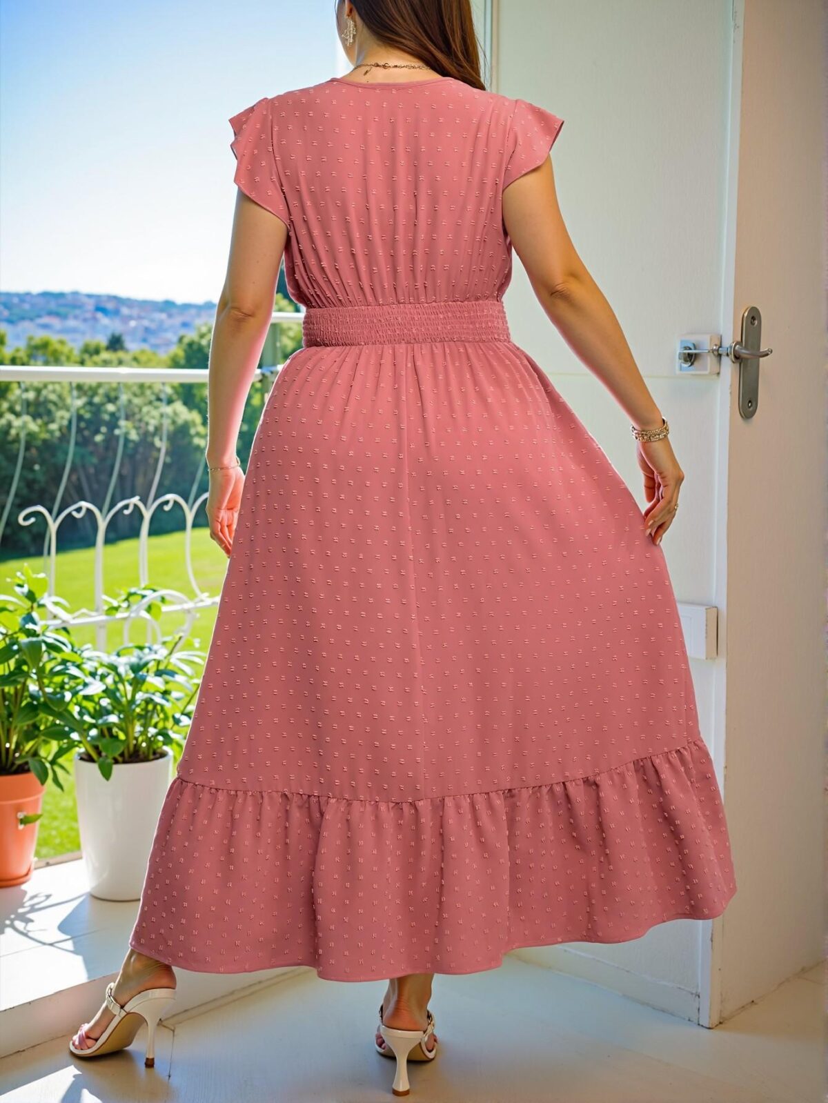 Elegant Watermelon Pink Flowy Ruffle Hem Dress with Shirred Detail Perfect for Casual Outings, Summer Festivals, and Beach Vacations, Ideal for Trendy Brunches and Classy Occasions - Chic, Classy and Trendy Fashion Style to Dress to Impress - Image 2