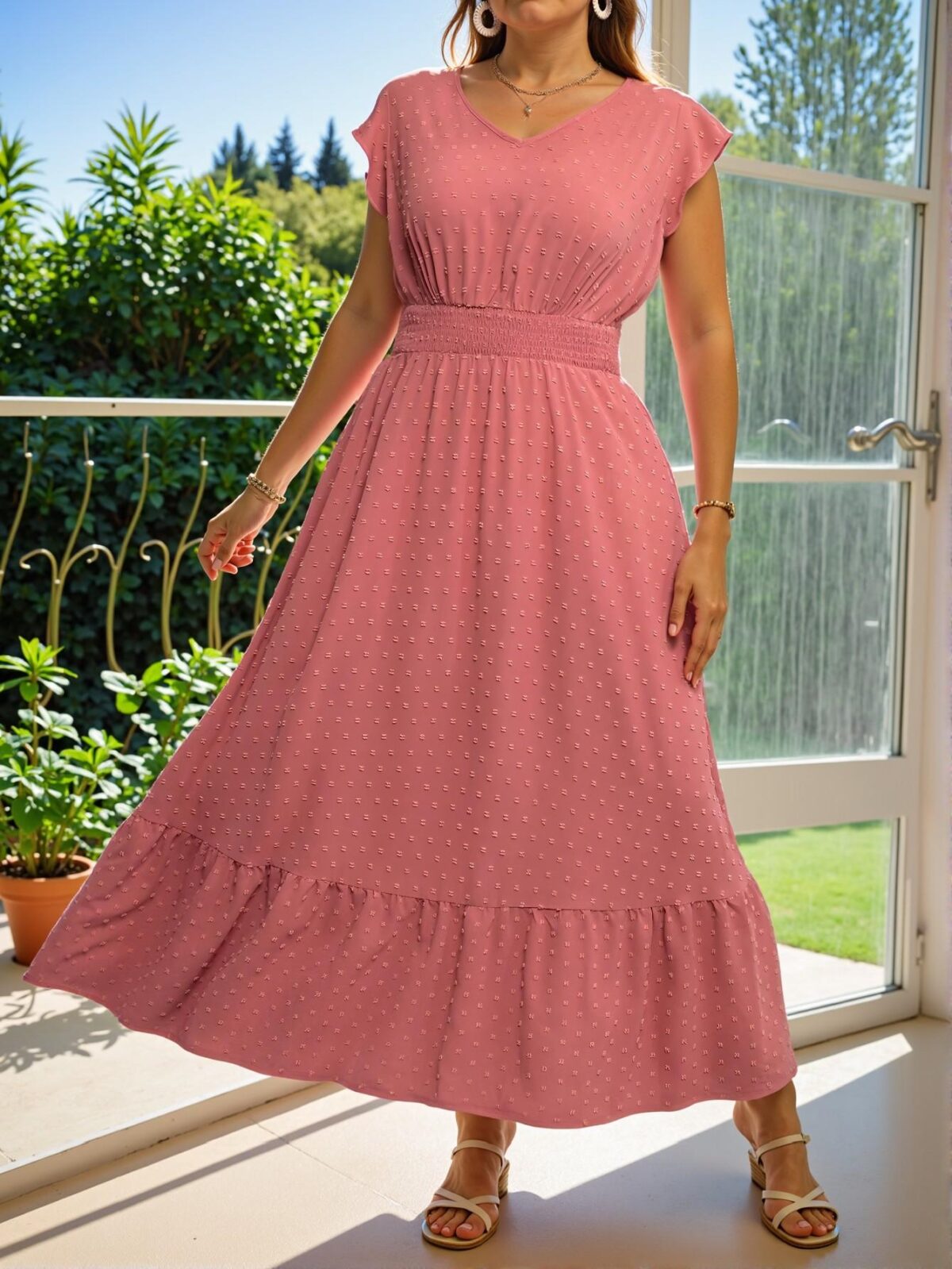 Elegant Watermelon Pink Flowy Ruffle Hem Dress with Shirred Detail Perfect for Casual Outings, Summer Festivals, and Beach Vacations, Ideal for Trendy Brunches and Classy Occasions - Chic, Classy and Trendy Fashion Style to Dress to Impress - Image 3