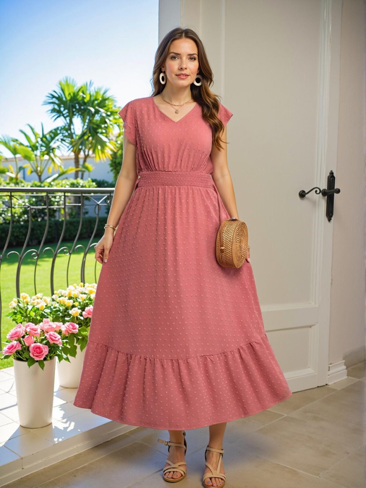 Elegant Watermelon Pink Flowy Ruffle Hem Dress with Shirred Detail Perfect for Casual Outings, Summer Festivals, and Beach Vacations, Ideal for Trendy Brunches and Classy Occasions - Chic, Classy and Trendy Fashion Style to Dress to Impress - Image 5