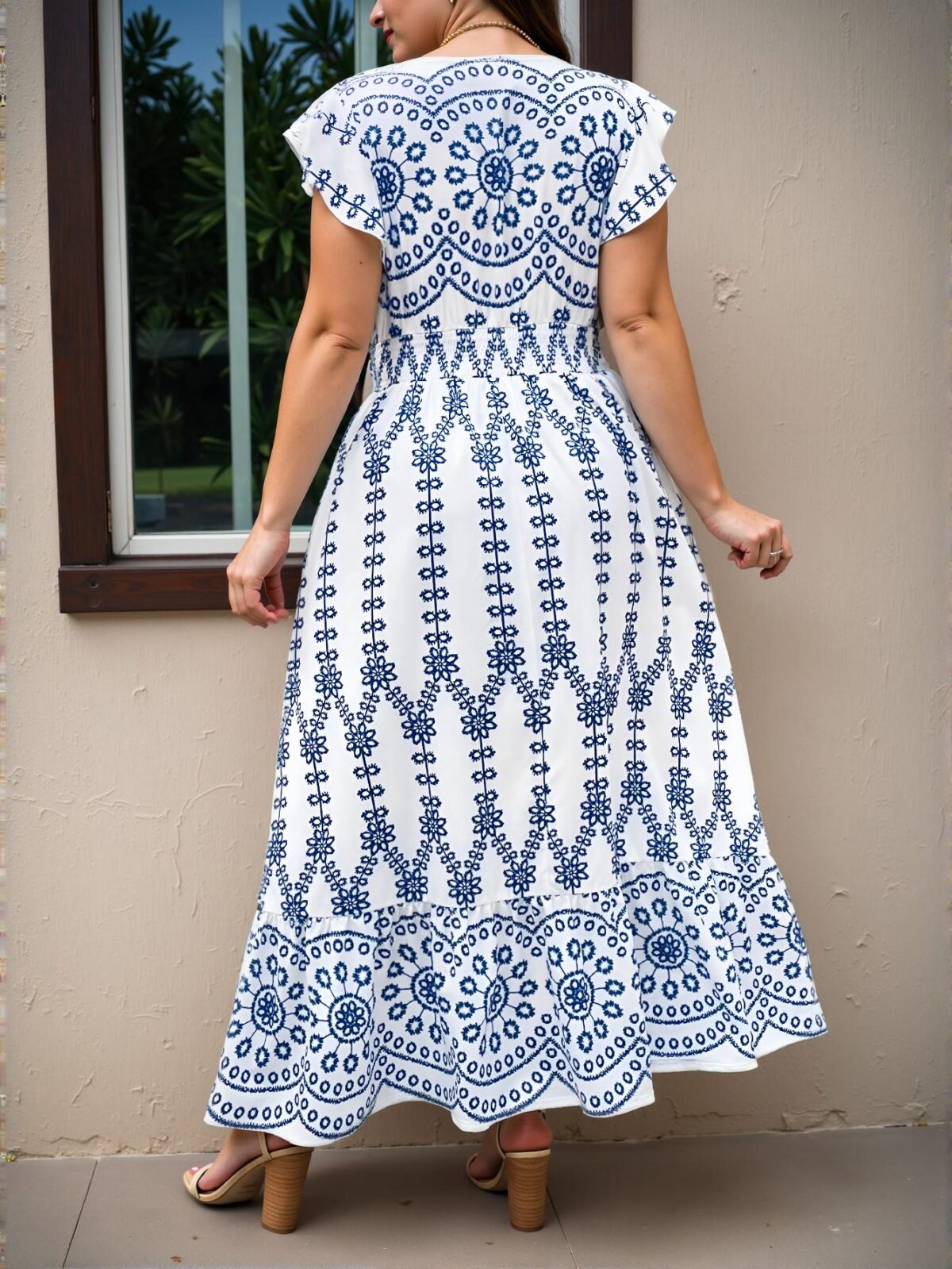 Elegant Blue and White Floral Boho Long Casual Dress for Spring and Summer - Chic, Classy and Trendy Fashion Style to Dress to Impress - Image 2