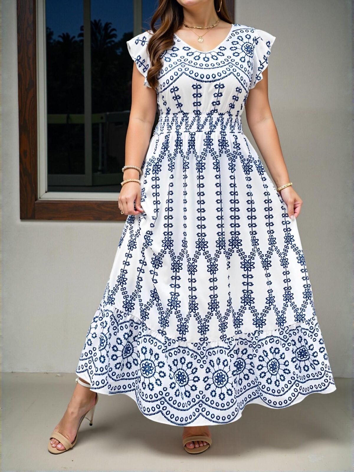 Elegant Blue and White Floral Boho Long Casual Dress for Spring and Summer - Chic, Classy and Trendy Fashion Style to Dress to Impress - Image 3