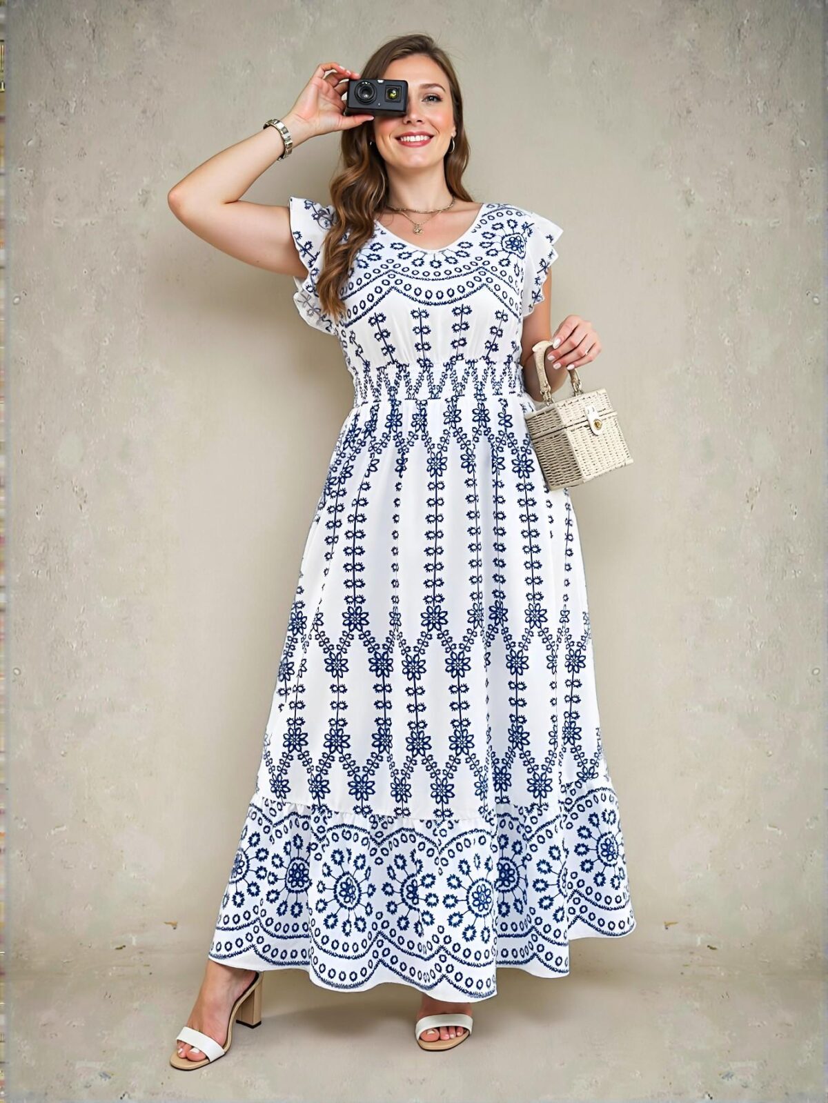 Elegant Blue and White Floral Boho Long Casual Dress for Spring and Summer - Chic, Classy and Trendy Fashion Style to Dress to Impress - Image 4