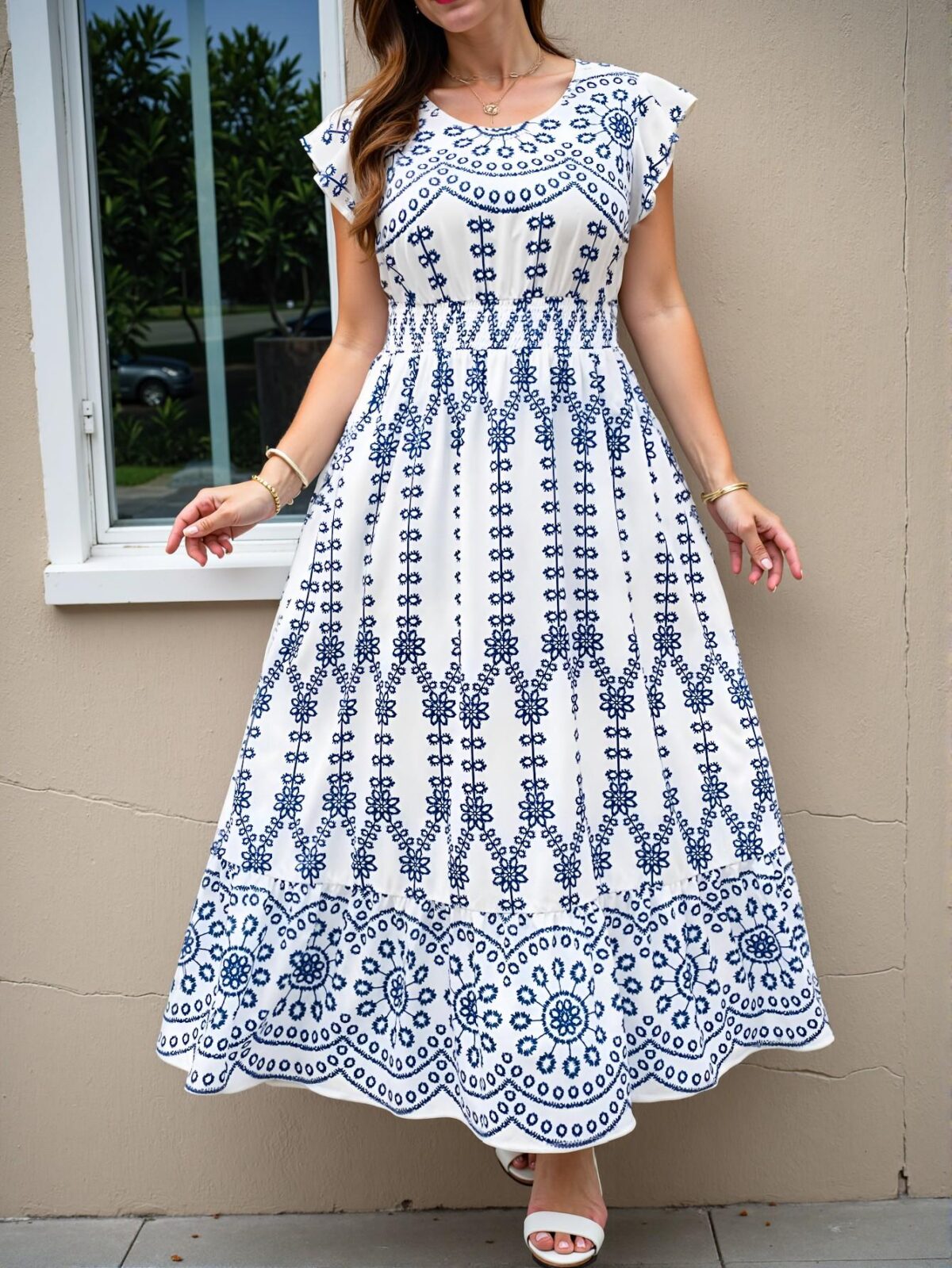 Elegant Blue and White Floral Boho Long Casual Dress for Spring and Summer - Chic, Classy and Trendy Fashion Style to Dress to Impress - Image 5