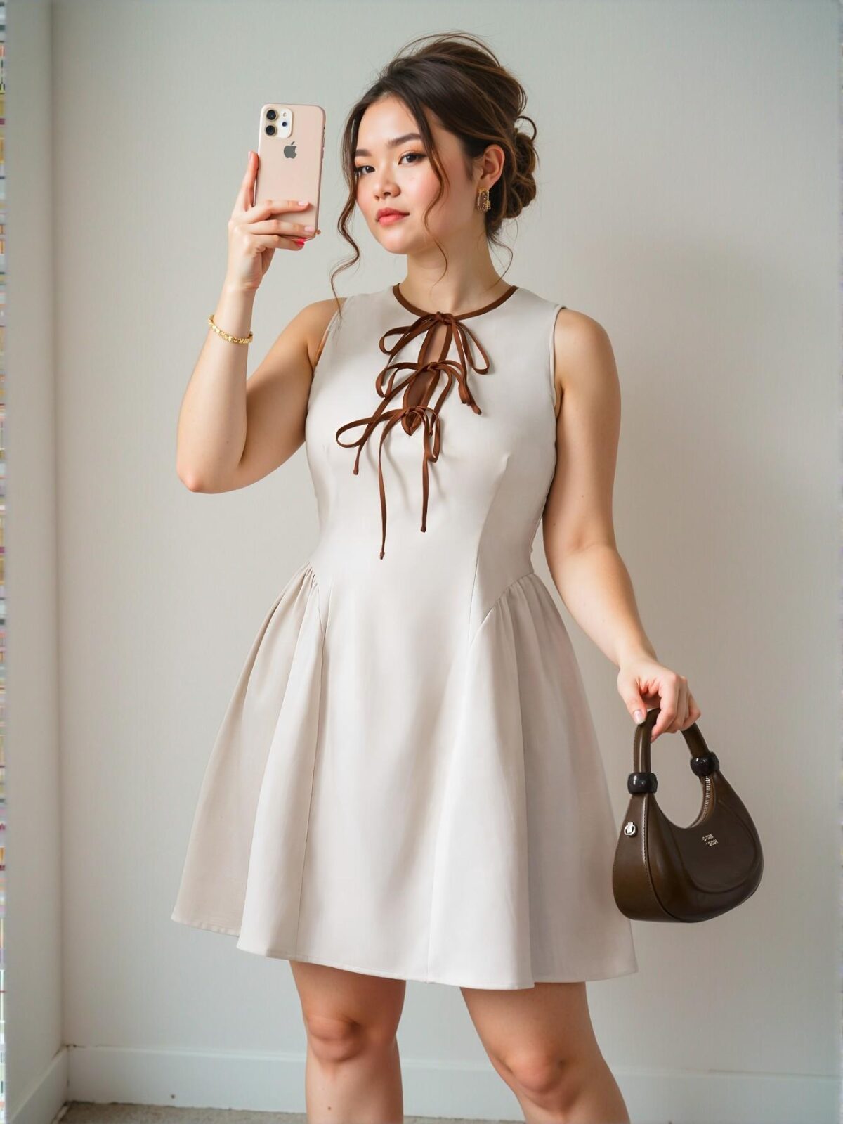 Elegant Apricot Plus Size Mini Dress with Hollow Neckline, Contrast Tie Bow Design, Pleated Waist and Hem, Textured Fabric, Zipper Back Closure, Perfect for Parties, Dates, and Daily Wear, Slim Fit for Spring/Summer "Chic, Classy and Trendy Fashion Style to Dress to Impress"