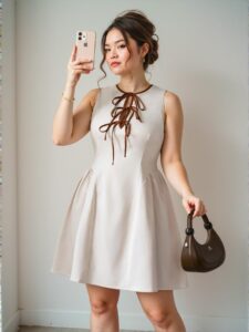 Elegant Apricot Plus Size Mini Dress with Hollow Neckline, Contrast Tie Bow Design, Pleated Waist and Hem, Textured Fabric, Zipper Back Closure, Perfect for Parties, Dates, and Daily Wear, Slim Fit for Spring/Summer "Chic, Classy and Trendy Fashion Style to Dress to Impress"