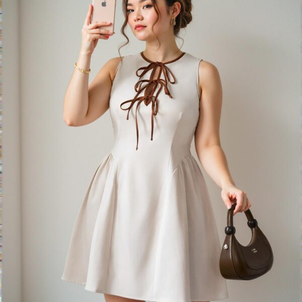 Elegant Apricot Plus Size Mini Dress with Hollow Neckline, Contrast Tie Bow Design, Pleated Waist and Hem, Textured Fabric, Zipper Back Closure, Perfect for Parties, Dates, and Daily Wear, Slim Fit for Spring/Summer "Chic, Classy and Trendy Fashion Style to Dress to Impress"