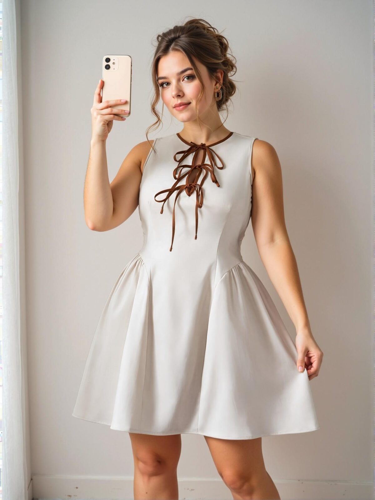 Elegant Apricot Plus Size Mini Dress with Hollow Neckline, Contrast Tie Bow Design, Pleated Waist and Hem, Textured Fabric, Zipper Back Closure, Perfect for Parties, Dates, and Daily Wear, Slim Fit for Spring/Summer "Chic, Classy and Trendy Fashion Style to Dress to Impress" - Image 3