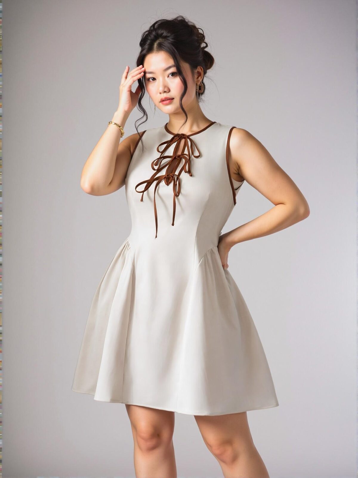 Elegant Apricot Plus Size Mini Dress with Hollow Neckline, Contrast Tie Bow Design, Pleated Waist and Hem, Textured Fabric, Zipper Back Closure, Perfect for Parties, Dates, and Daily Wear, Slim Fit for Spring/Summer "Chic, Classy and Trendy Fashion Style to Dress to Impress" - Image 4