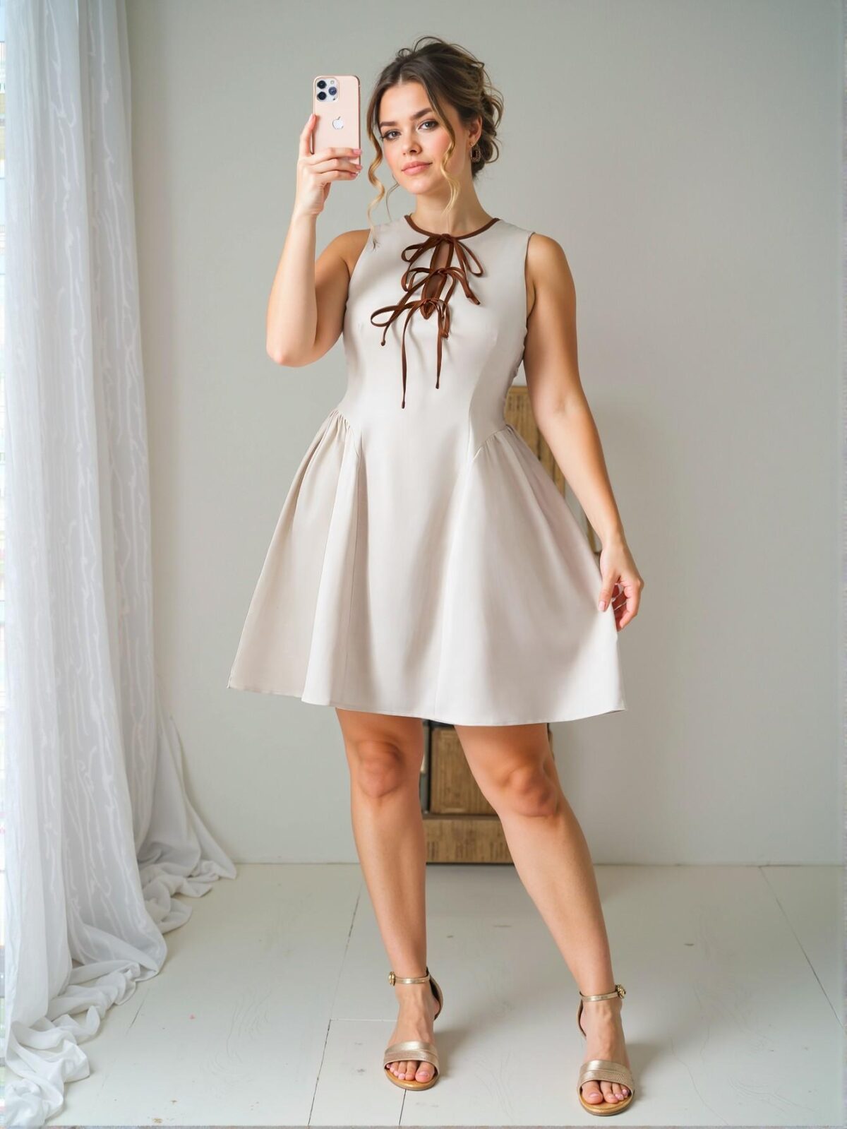 Elegant Apricot Plus Size Mini Dress with Hollow Neckline, Contrast Tie Bow Design, Pleated Waist and Hem, Textured Fabric, Zipper Back Closure, Perfect for Parties, Dates, and Daily Wear, Slim Fit for Spring/Summer "Chic, Classy and Trendy Fashion Style to Dress to Impress" - Image 5