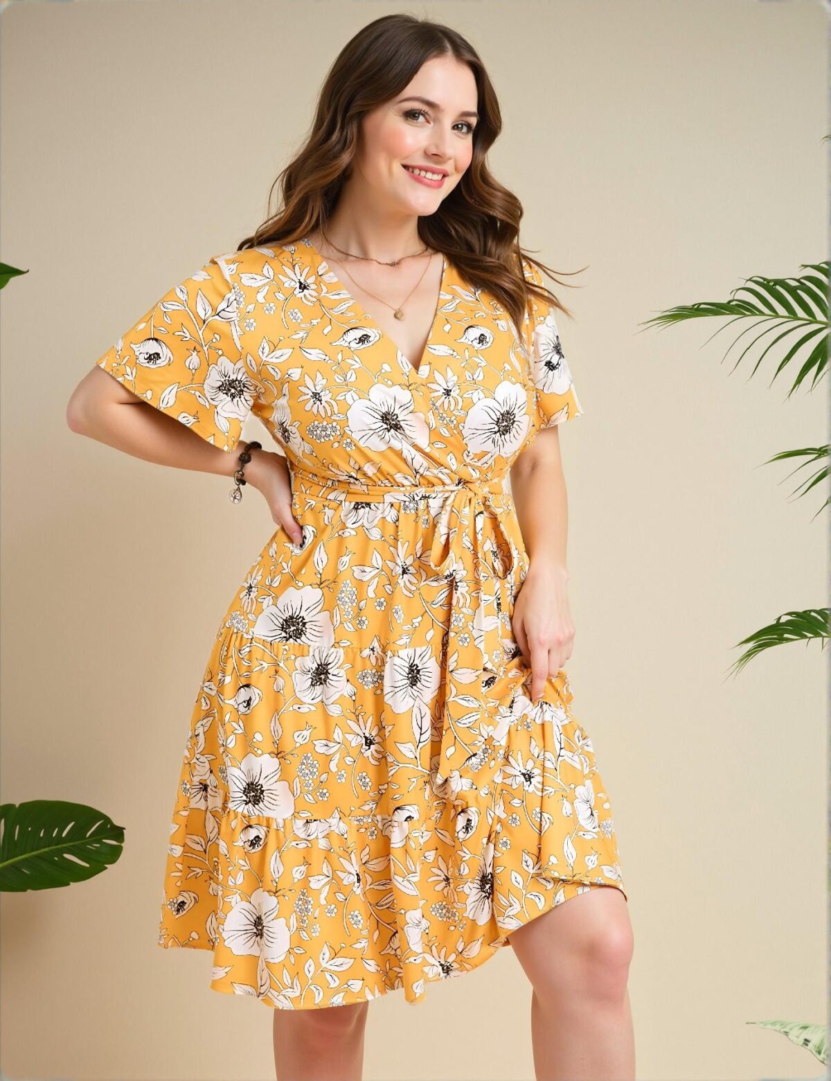 Elegant Yellow Flared A-Line Midi Dress with Belt and Short Sleeves for Spring and Summer - Chic, Classy and Trendy Fashion Style to Dress to Impress