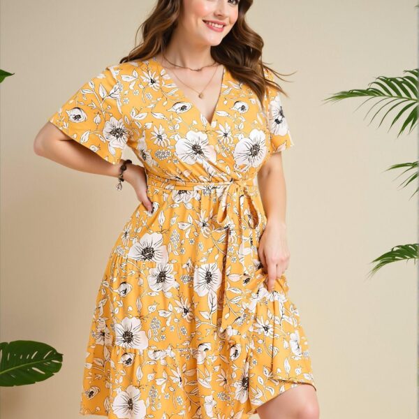 Elegant Yellow Flared A-Line Midi Dress with Belt and Short Sleeves for Spring and Summer - Chic, Classy and Trendy Fashion Style to Dress to Impress