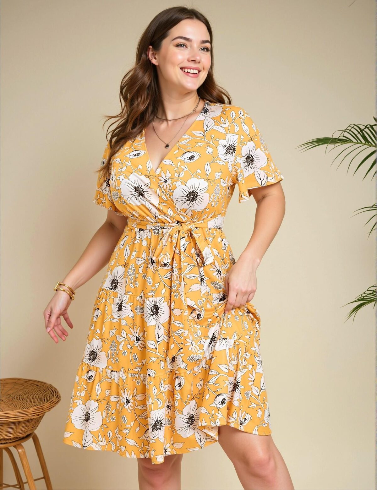 Elegant Yellow Flared A-Line Midi Dress with Belt and Short Sleeves for Spring and Summer - Chic, Classy and Trendy Fashion Style to Dress to Impress - Image 2