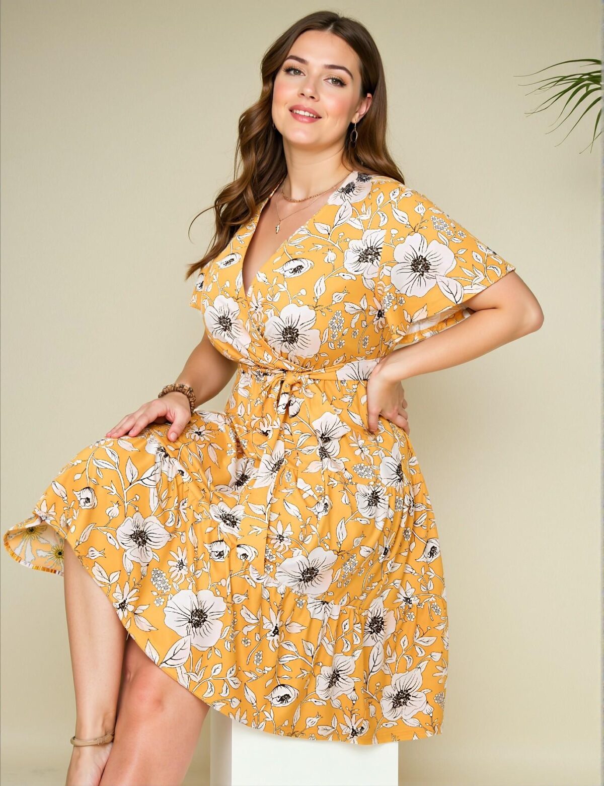 Elegant Yellow Flared A-Line Midi Dress with Belt and Short Sleeves for Spring and Summer - Chic, Classy and Trendy Fashion Style to Dress to Impress - Image 3