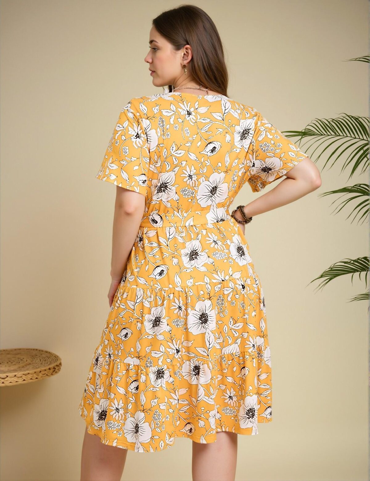 Elegant Yellow Flared A-Line Midi Dress with Belt and Short Sleeves for Spring and Summer - Chic, Classy and Trendy Fashion Style to Dress to Impress - Image 4