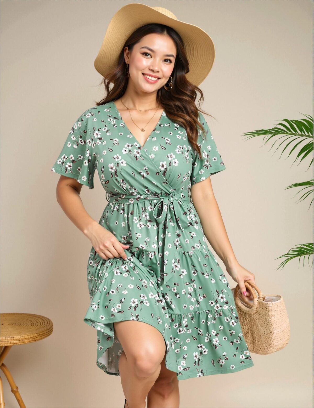Elegant Green Flared Midi Dress with Belt Featuring a V Neck and Short Sleeves for Casual Spring and Summer Outings - Chic, Classy and Trendy Fashion Style to Dress to Impress
