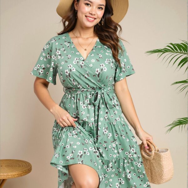 Elegant Green Flared Midi Dress with Belt Featuring a V Neck and Short Sleeves for Casual Spring and Summer Outings - Chic, Classy and Trendy Fashion Style to Dress to Impress