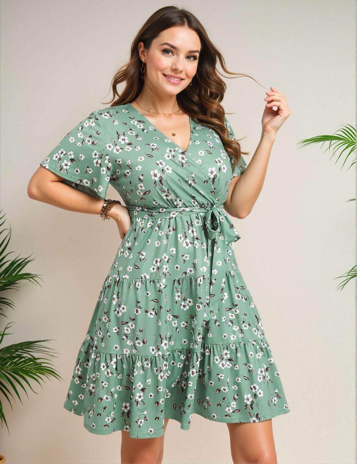 Elegant Green Flared Midi Dress with Belt Featuring a V Neck and Short Sleeves for Casual Spring and Summer Outings - Chic, Classy and Trendy Fashion Style to Dress to Impress - Image 2