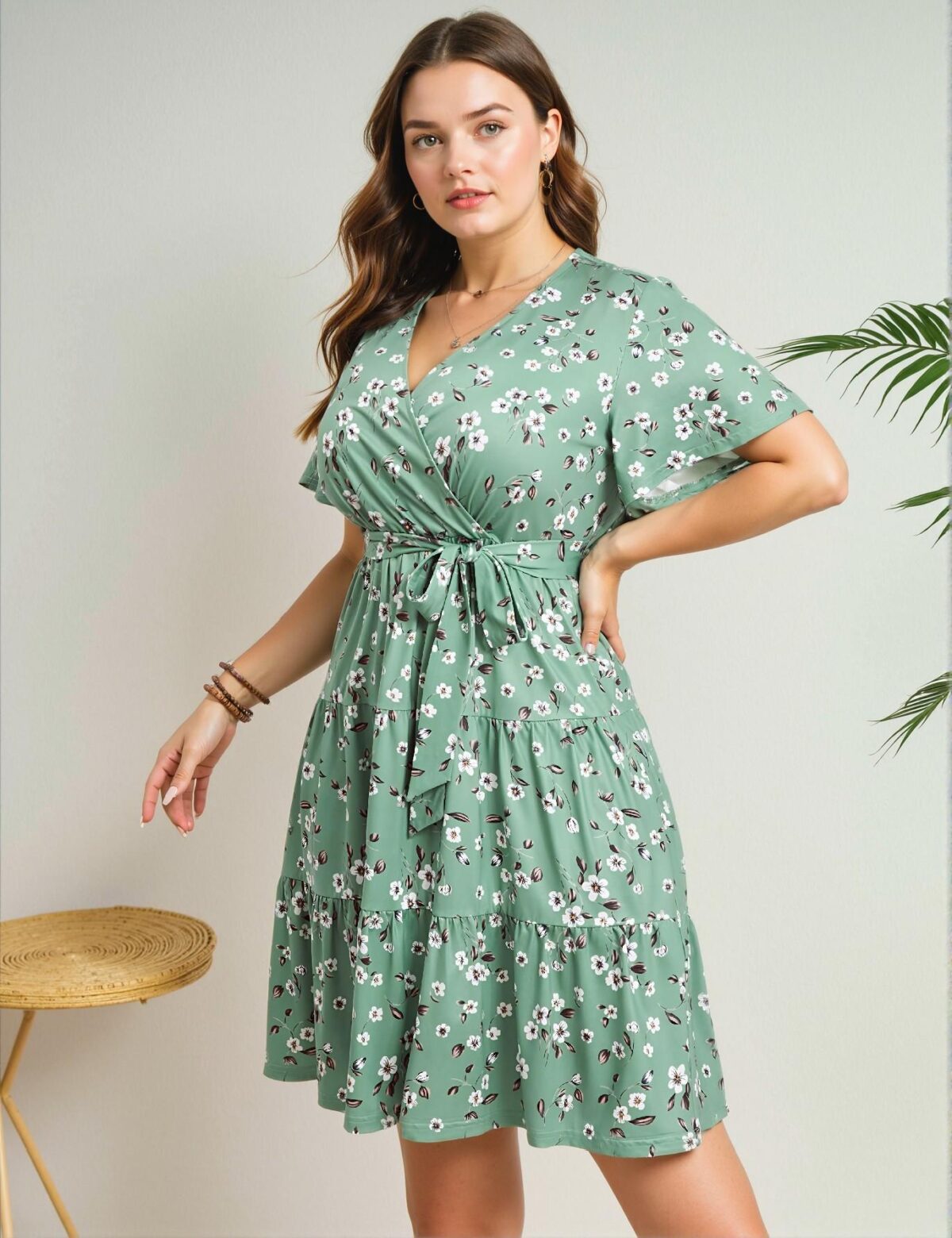 Elegant Green Flared Midi Dress with Belt Featuring a V Neck and Short Sleeves for Casual Spring and Summer Outings - Chic, Classy and Trendy Fashion Style to Dress to Impress - Image 3