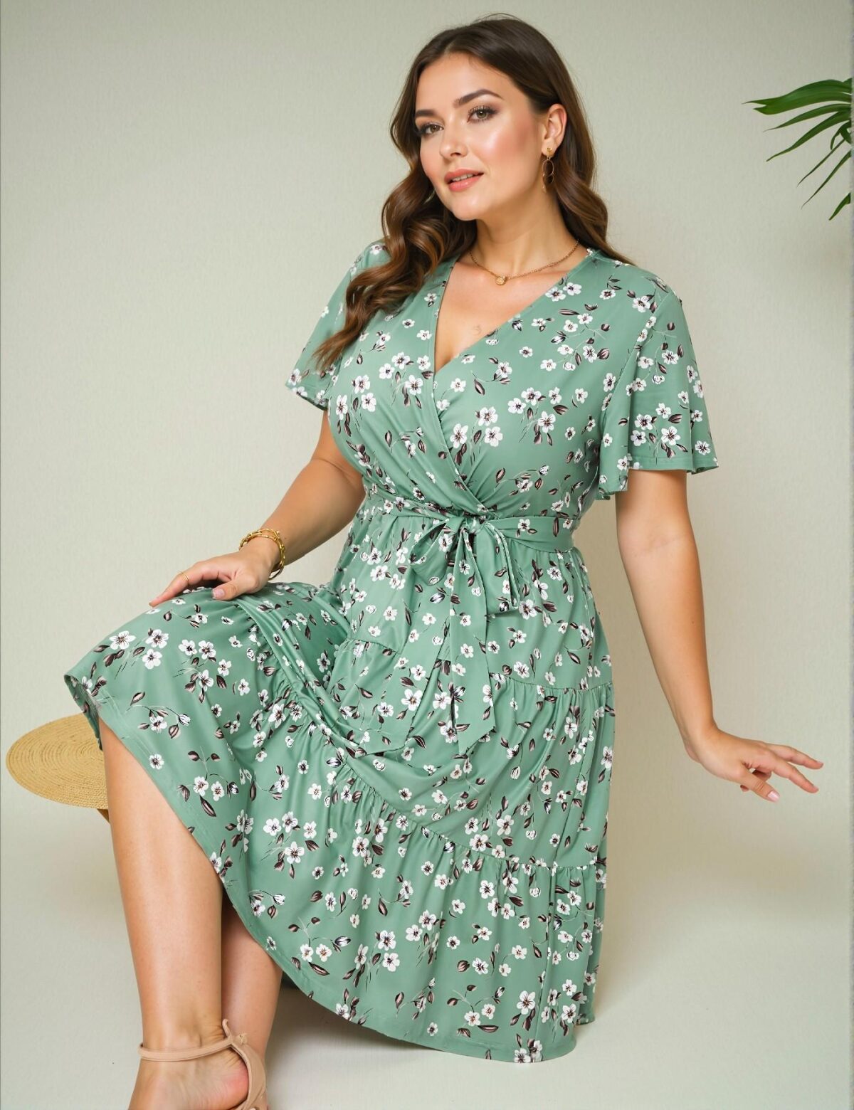 Elegant Green Flared Midi Dress with Belt Featuring a V Neck and Short Sleeves for Casual Spring and Summer Outings - Chic, Classy and Trendy Fashion Style to Dress to Impress - Image 4
