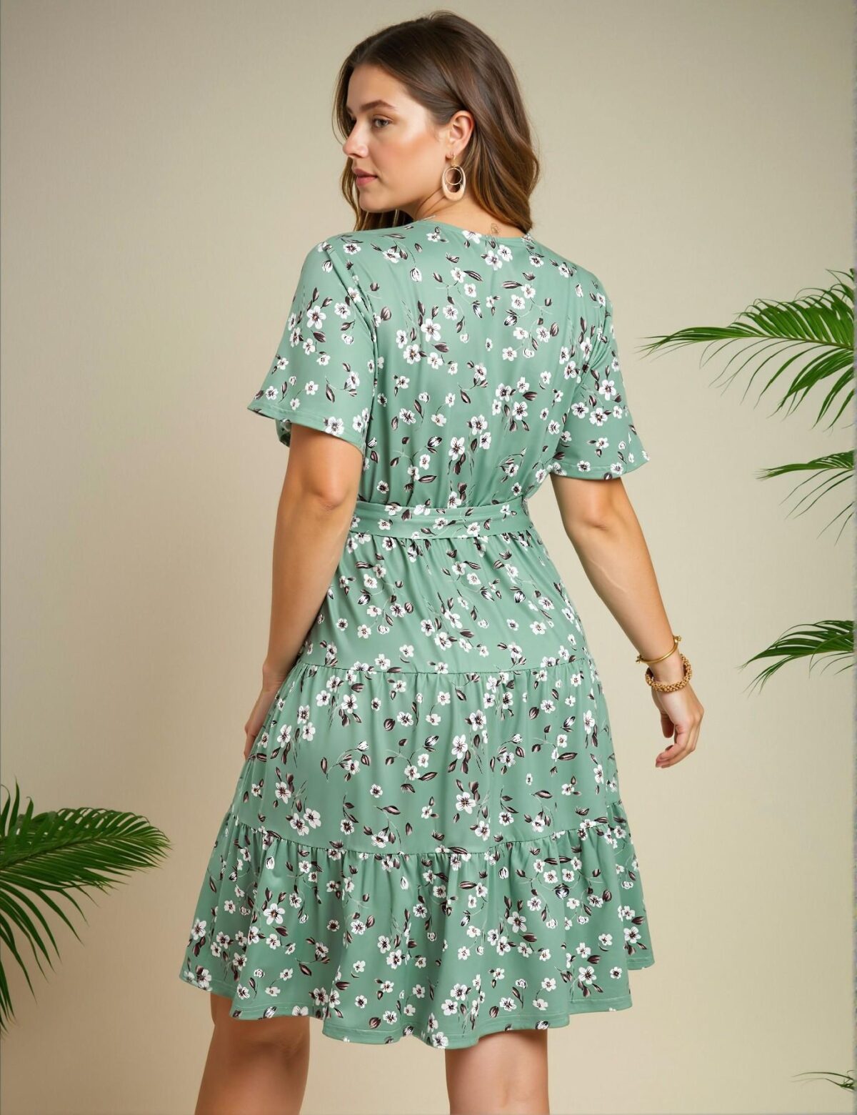 Elegant Green Flared Midi Dress with Belt Featuring a V Neck and Short Sleeves for Casual Spring and Summer Outings - Chic, Classy and Trendy Fashion Style to Dress to Impress - Image 5