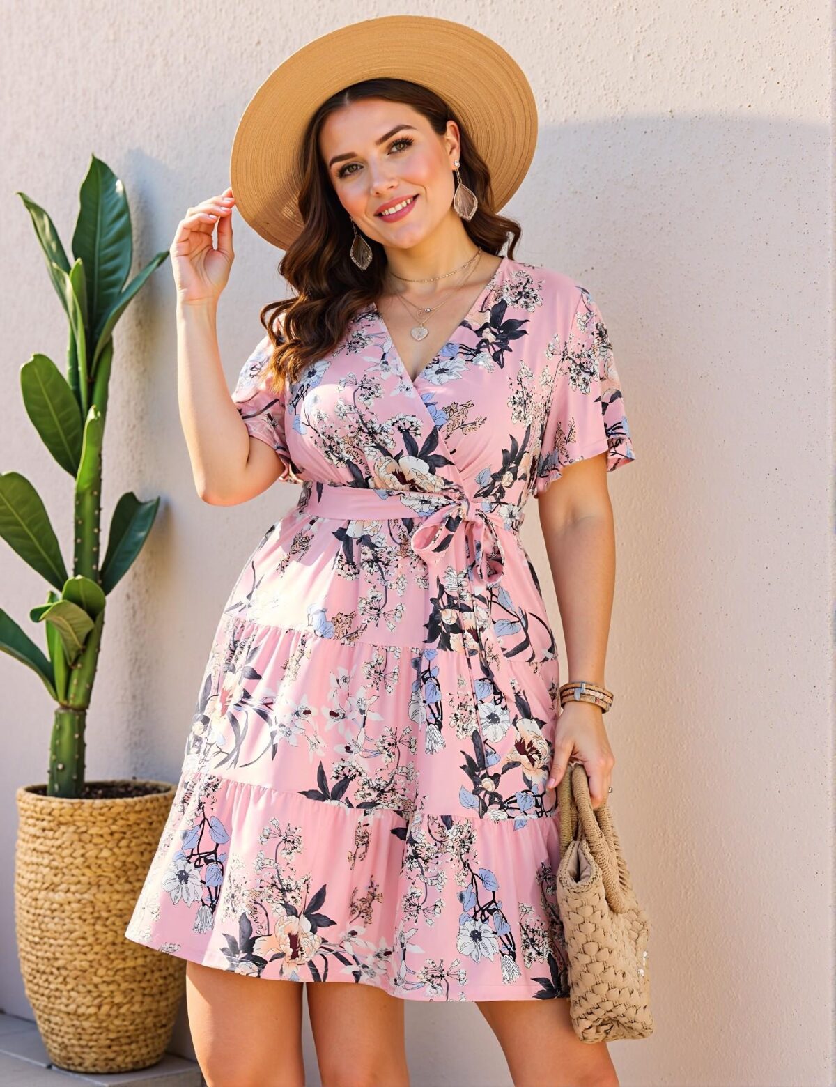 Elegant Hot Pink Flared A-Line Midi Dress with V-Neck and Belt for Casual Spring and Summer Styling Chic, Classy and Trendy Fashion Style to Dress to Impress - Image 3