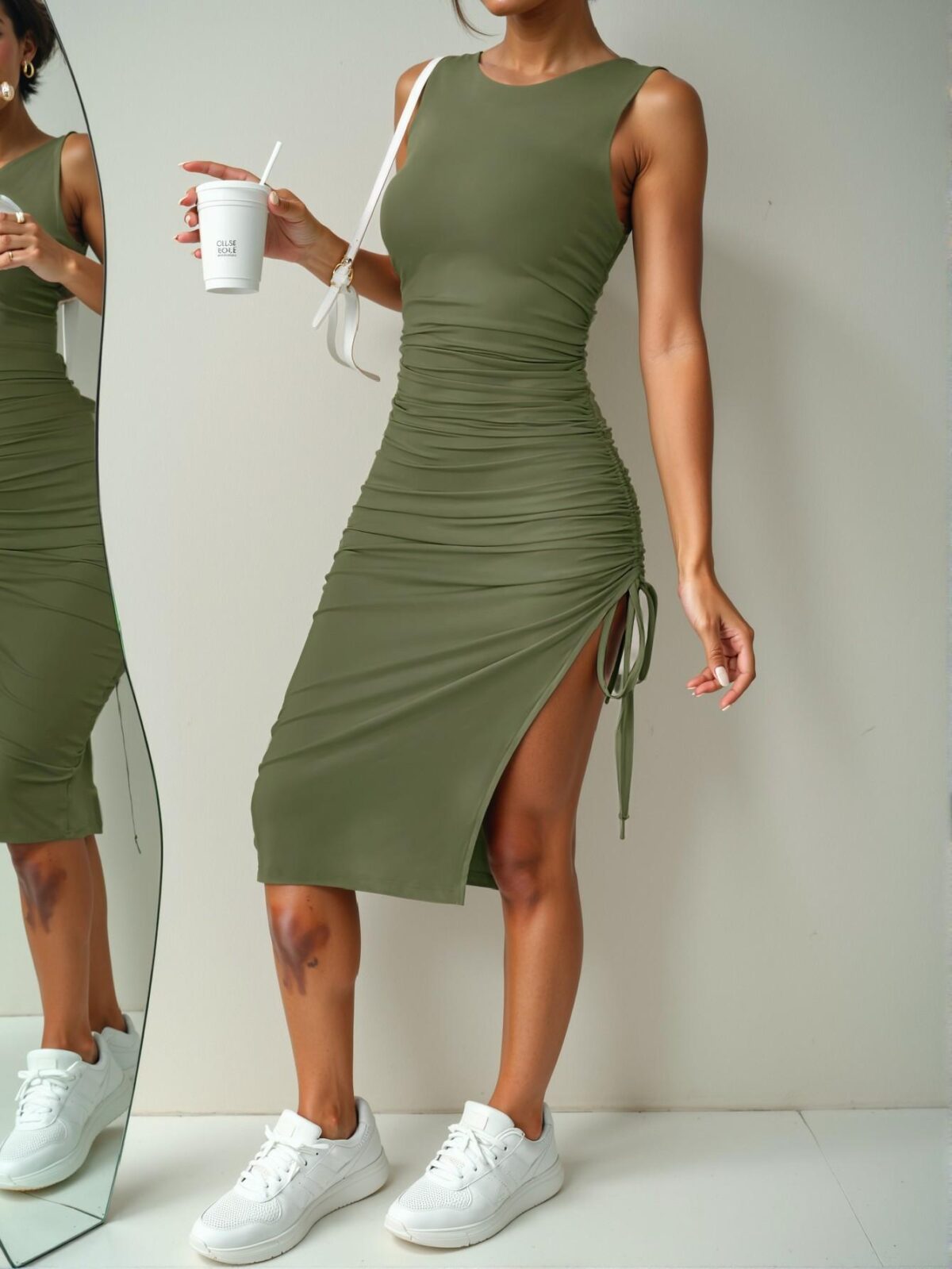 Elegant Army Green Sleeveless Knitted Bodycon Dress Perfect for Spring and Summer: Chic, Classy and Trendy Fashion Style to Dress to Impress - Image 4