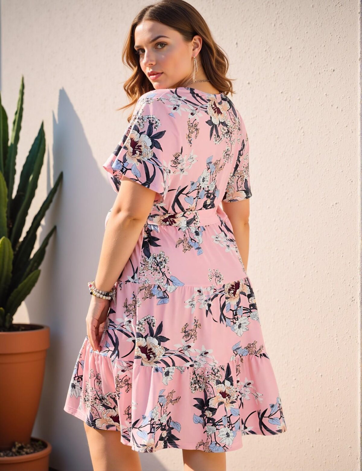 Elegant Hot Pink Flared A-Line Midi Dress with V-Neck and Belt for Casual Spring and Summer Styling Chic, Classy and Trendy Fashion Style to Dress to Impress - Image 4