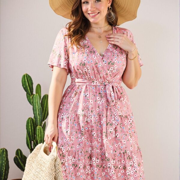 Elegant Coral Pink Flared A-Line Midi Dress with High Waist and Short Sleeves for Effortless Summer Style Chic, Classy and Trendy Fashion Style to Dress to Impress