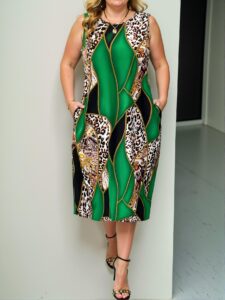 Elegant Green Trendy Leopard Print Splice Tank Dress for Women’s Spring and Summer Style Chic, Classy and Trendy Fashion Style to Dress to Impress