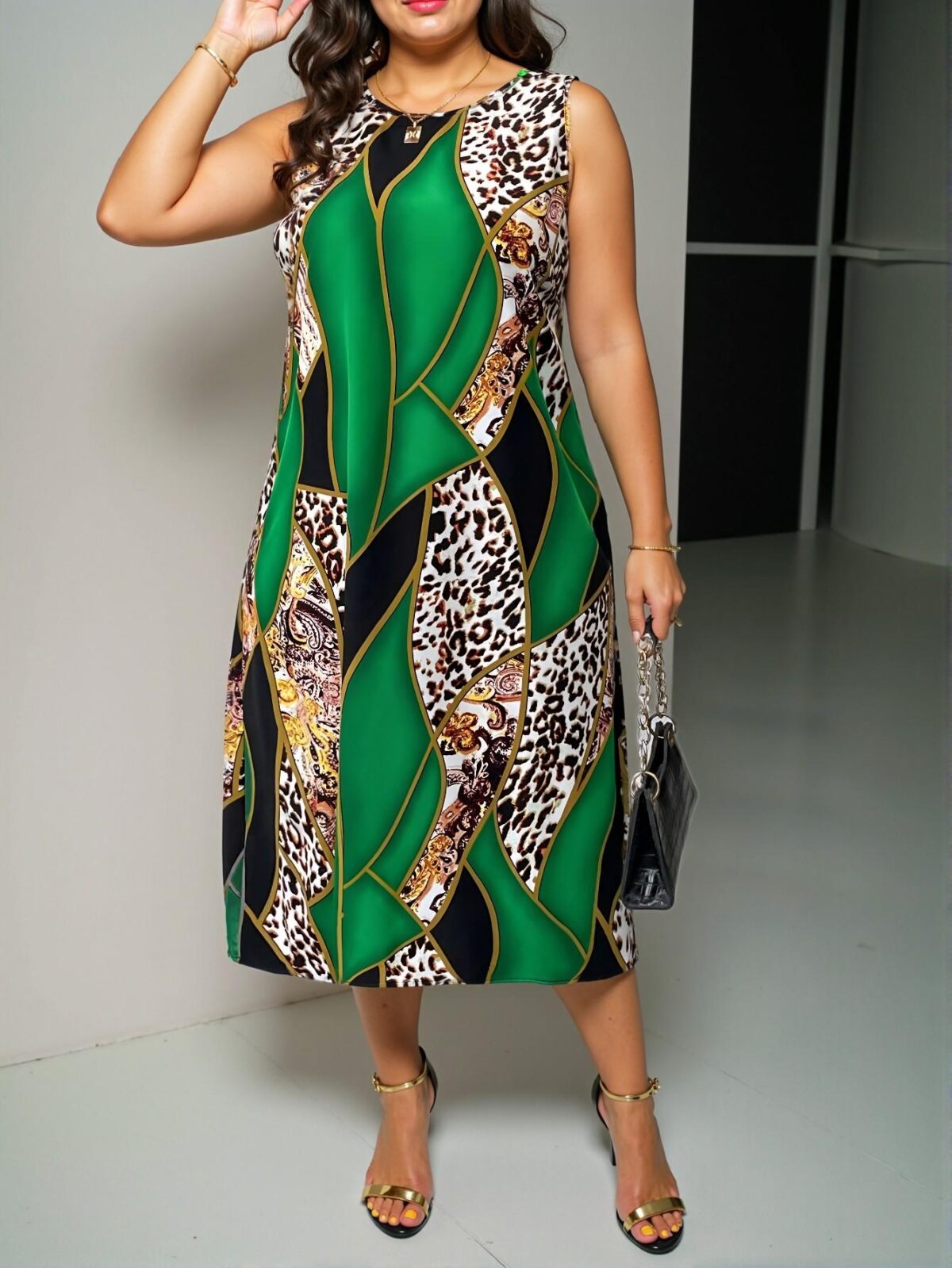Elegant Green Trendy Leopard Print Splice Tank Dress for Women’s Spring and Summer Style Chic, Classy and Trendy Fashion Style to Dress to Impress - Image 3