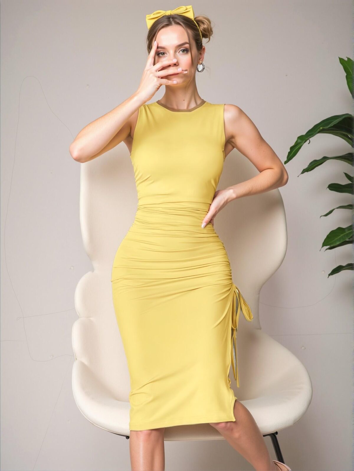 Elegant Yellow Stylish Knitted Sleeveless Bodycon Dress with Side Drawstring and Slit for Spring and Summer - Chic, Classy, and Trendy Fashion Style to Dress to Impress - Image 3