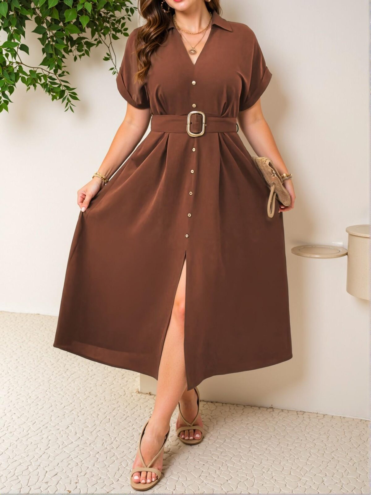 Elegant Rust Brown Sophisticated Belted Maxi Shirt Dress for Warm Weather Outings - Chic, Classy, and Trendy Fashion Style to Dress to Impress