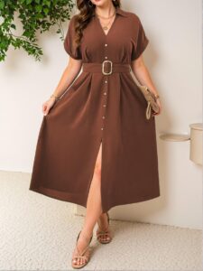 Elegant Rust Brown Sophisticated Belted Maxi Shirt Dress for Warm Weather Outings - Chic, Classy, and Trendy Fashion Style to Dress to Impress
