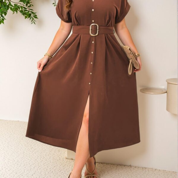 Elegant Rust Brown Sophisticated Belted Maxi Shirt Dress for Warm Weather Outings - Chic, Classy, and Trendy Fashion Style to Dress to Impress