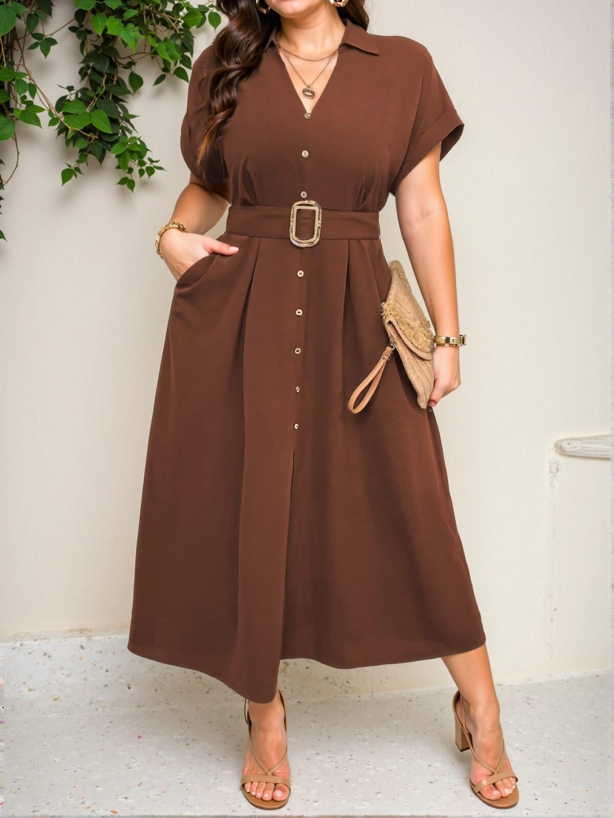 Elegant Rust Brown Sophisticated Belted Maxi Shirt Dress for Warm Weather Outings - Chic, Classy, and Trendy Fashion Style to Dress to Impress - Image 3