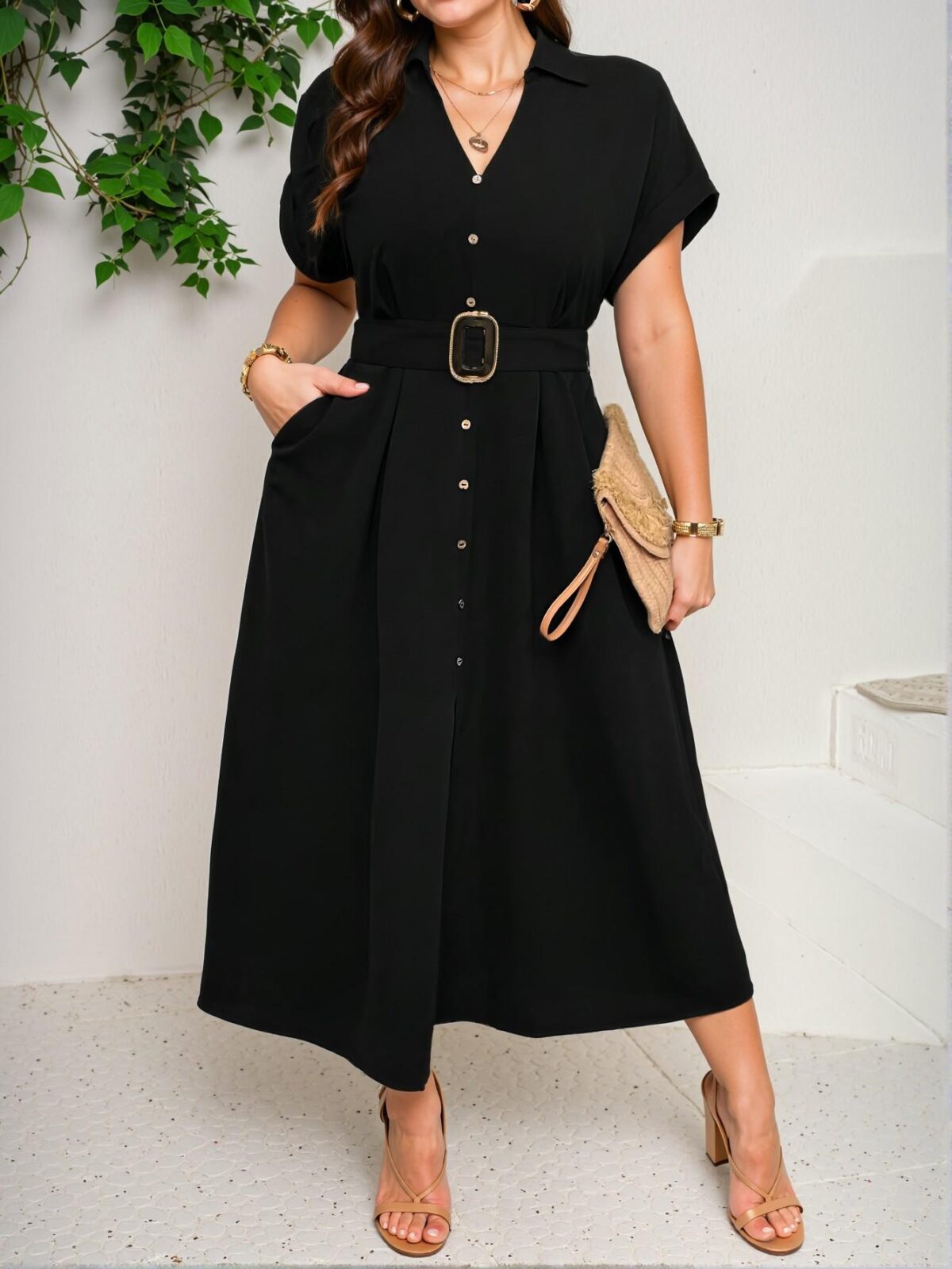 Elegant Black Casual Maxi Dress with Batwing Sleeve and Button Detail for Spring and Summer - Chic, Classy, and Trendy Fashion Style to Dress to Impress - Image 3