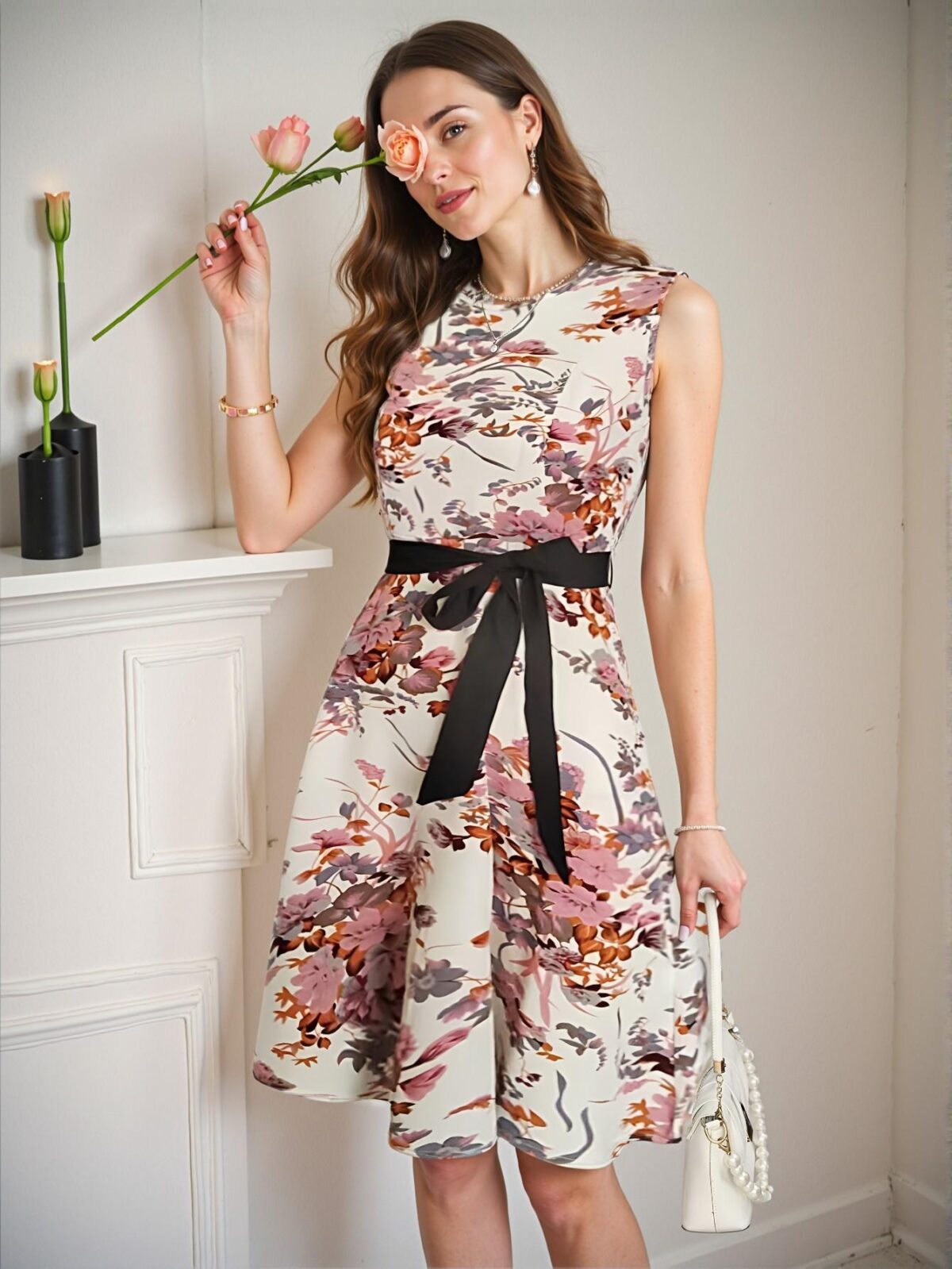 Elegant Multicolor Floral Print Sleeveless A-Line Midi Dress for Spring and Summer - Chic, Classy and Trendy Fashion Style to Dress to Impress - Image 3